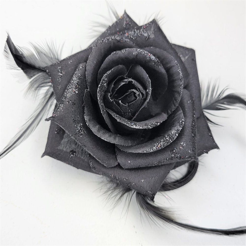 MENS Black Rose Feathers Corsage Black Rose Brooch Rose Floral Hair Tie  NEW